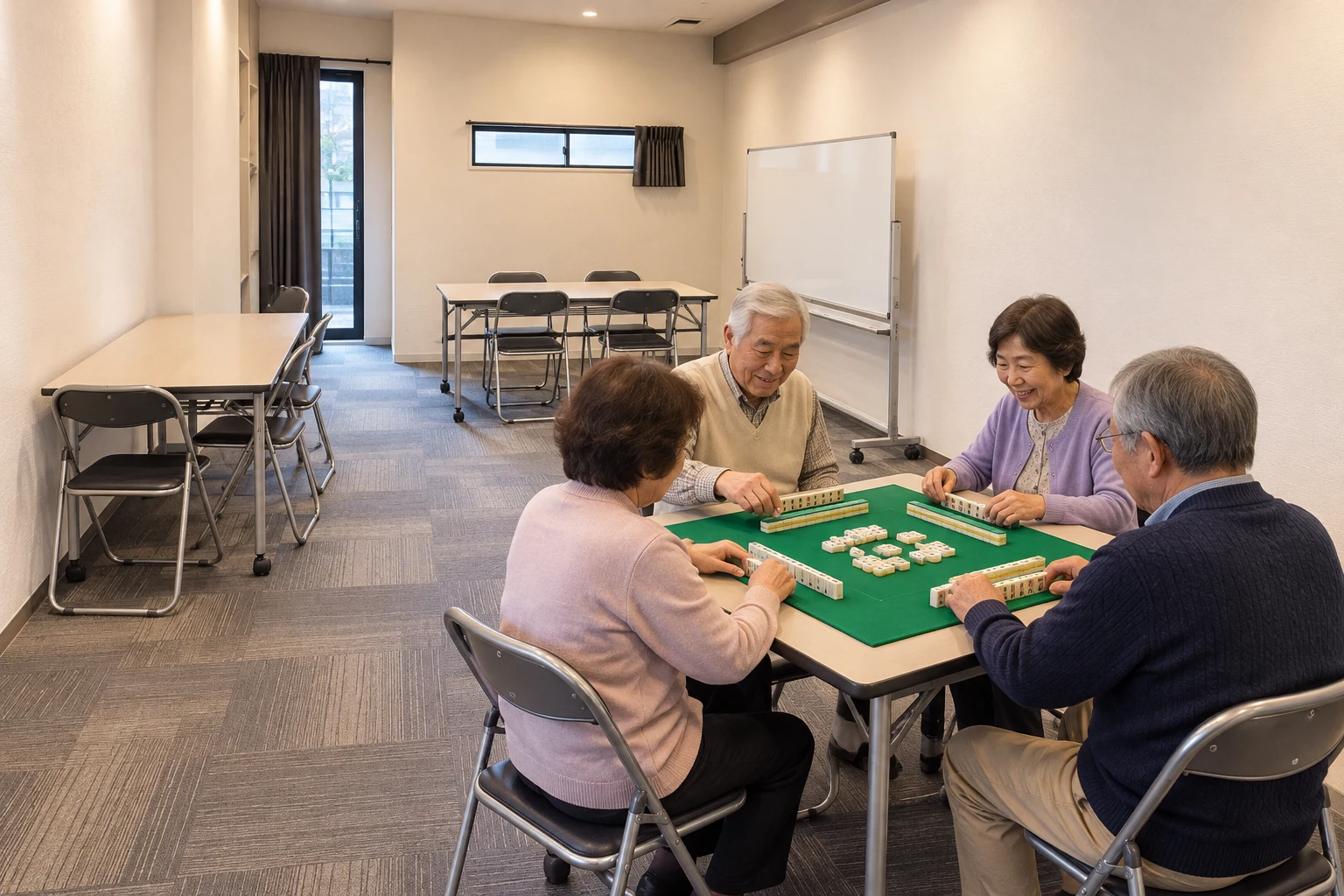 健康麻雀を囲んで会話するシニアの集いのひととき